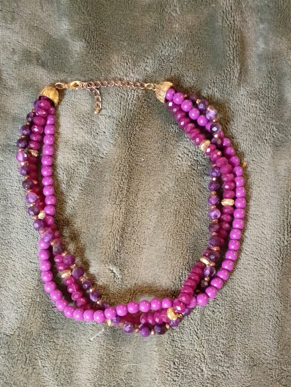 Source Unknown Fuchsia and Purple Three-Strand Beaded Necklace with Gold Accents